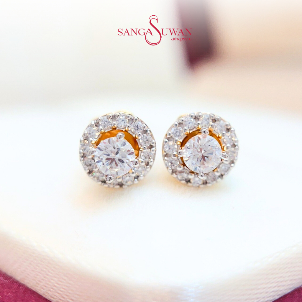 ส่งฟรี ต่างหูเพชรล้อม 3 มิล เรือนทองแท้-ทองคำขาว สง่าสุวรรณ ขายคืนได้ราคาดี มีใบรับประกันEE121 EW121