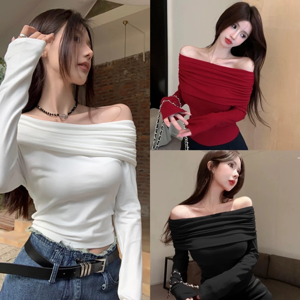 cherryshop พร้อมส่ง 🌸เสื้อยืดสีแดงสาวฮอตอเมริกันไหล่เดียว เสื้อยืดแขนยาวปิดไหล่ ทรงสกินนี่พอดีตัว เสื้อแฟช