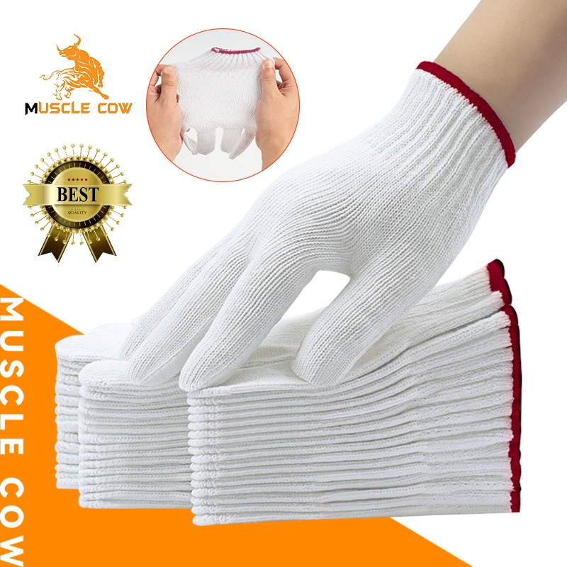 MUSCLE COW ถุงมือผ้าฝ้าย 12 คู่ สีเทาและขาว เหมาะสำหรับการทำสวน การเกษตร และงานช่าง ราคาประหยัด ป้องกันมือได้ดี