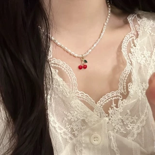 สร้อยคอเชอร์รี่จี้กระดูกไหปลาร้าโซ่หญิงซอก ออกแบบ มุกน้ําจืดเทียมระดับไฮเอนด์ขนาดเล็ก