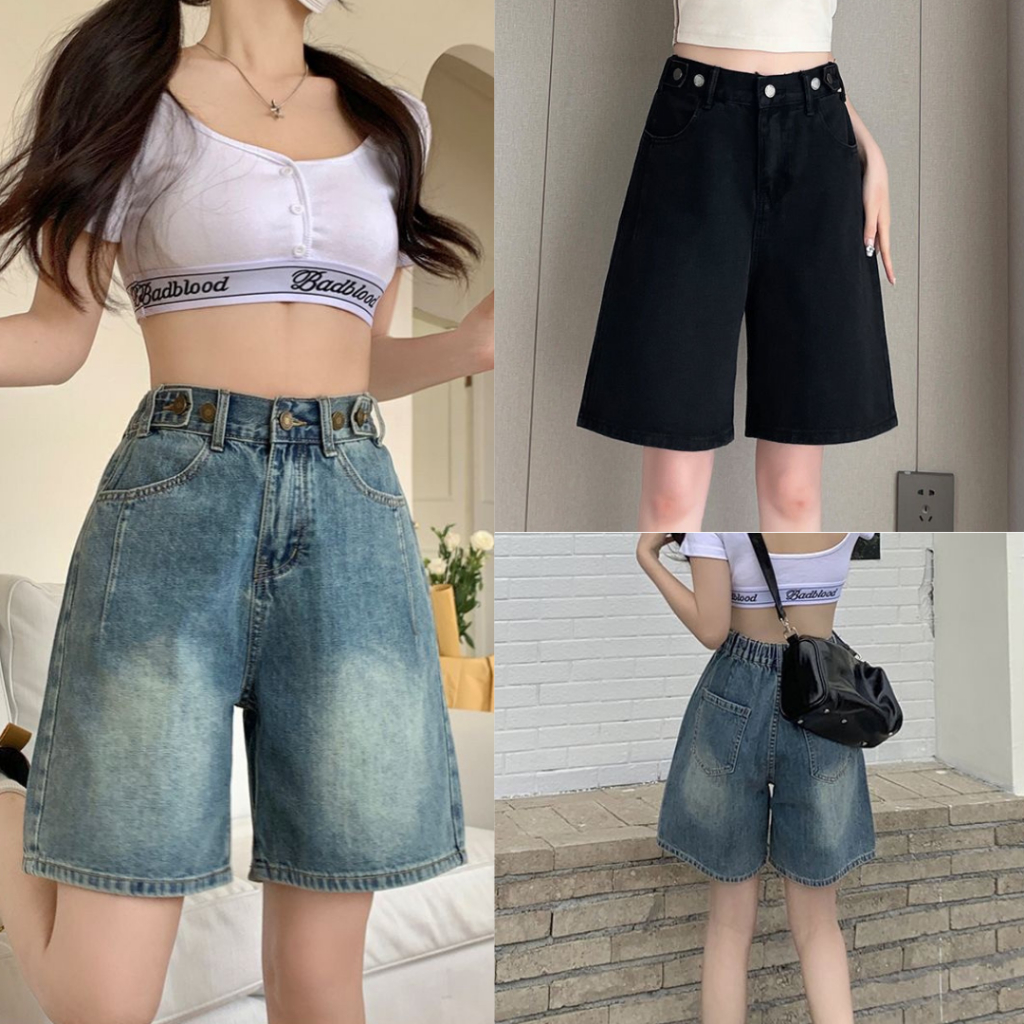กางเกงยีนส์สามส่วน SIZE S-14XL เอวสม็อคปรับกระดุม