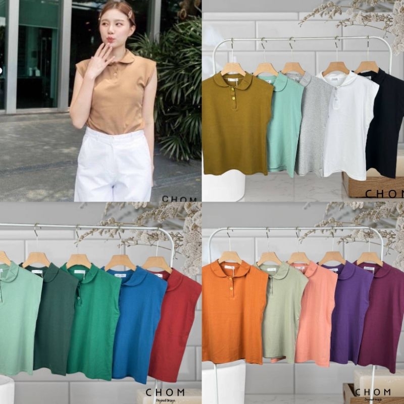 Chom เสื้อแขนกุด แขนล้ำคอบัว แต่งกระดุม ผ้าคอตตอล งานป้าย