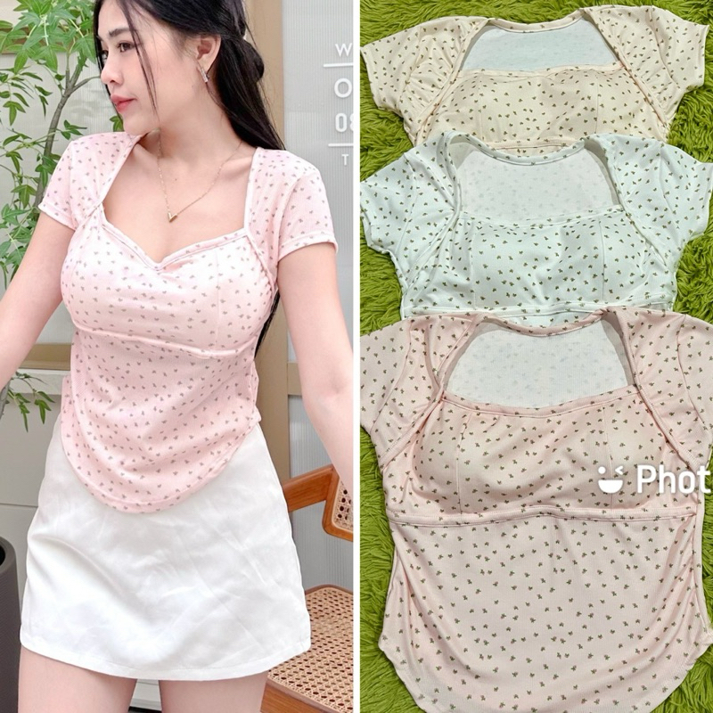 เสื้อยืดคอเหลี่ยมผ้าcvcพิมพ์ลายดอกไม้ ลายเชอรี่ มีฟองน้ำในตัว🍒🍒