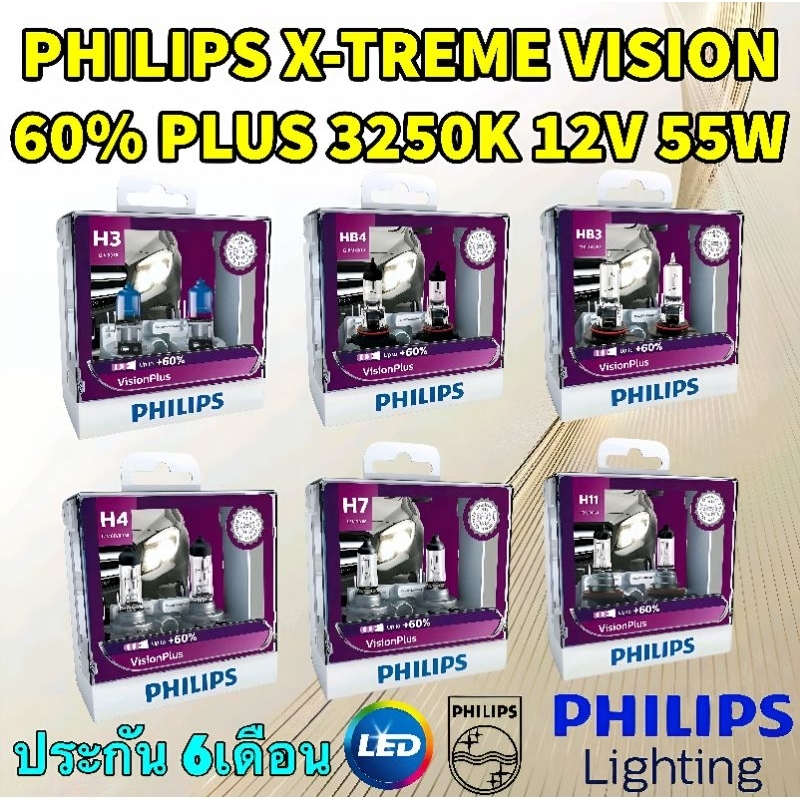 หลอดไฟหน้า ราคา 1คู่ PHILIPS X-TREME VISION +60% ขั้ว H1 H3 H4 H7 H11 HB3 HB4 รับประกัน 6เดือน ยี่ห้