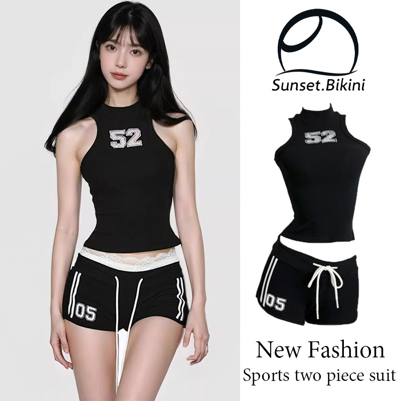 Sunset.Bikini🌊🌊ชุดกีฬาสองชิ้น เสื้อกั๊ก + กางเกงขาสั้น แฟชั่นใหม่ สีดำ ปิดไหล่ แขนกุด ชุดไปทะเล