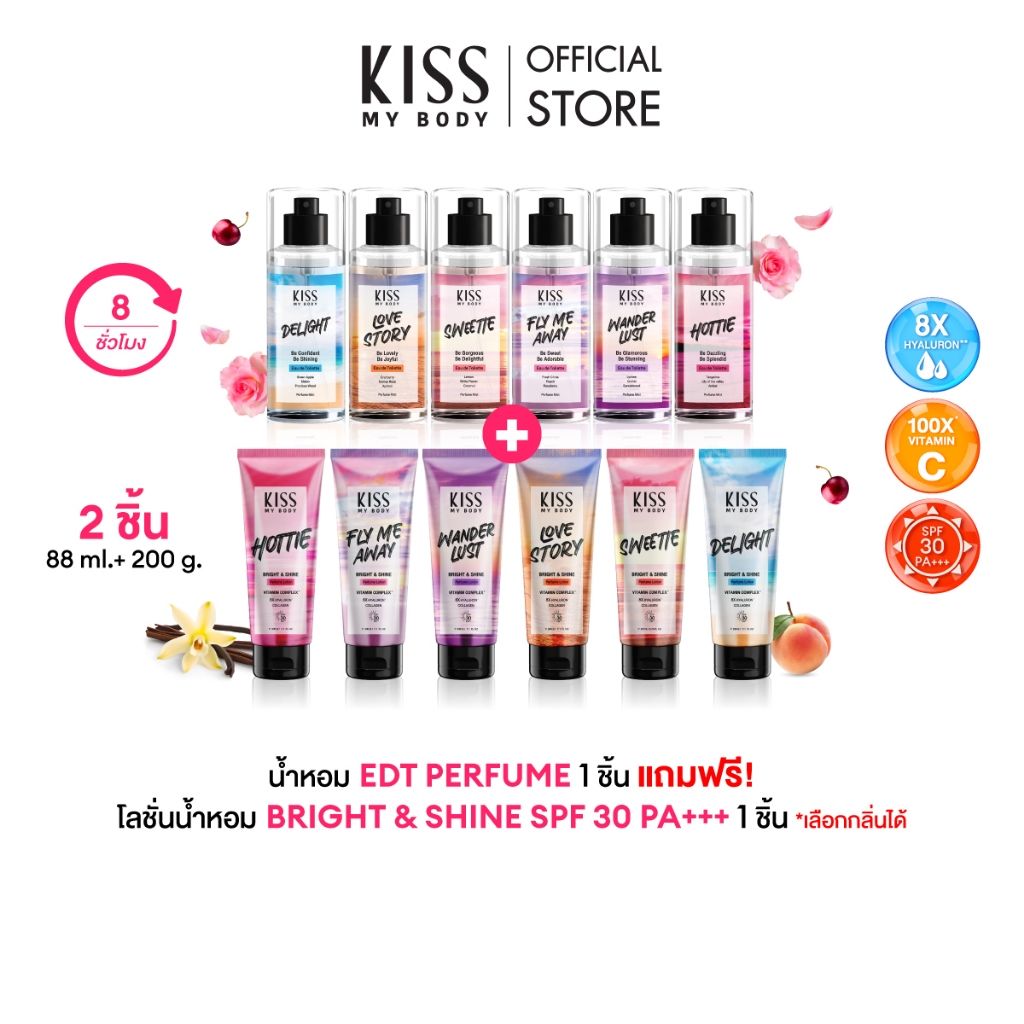 [ซื้อ 1 แถม 1] Kiss My Body โลชั่นน้ำหอม กันแดด 200 g. แถมฟรี น้ำหอม Body Mist 88 ml. (มีให้เลือก 6 กลิ่น)