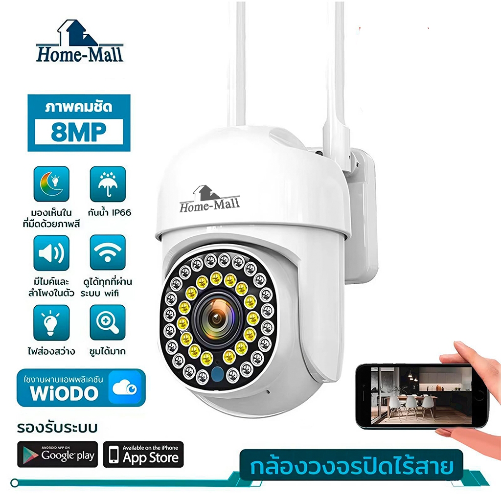 HOME-MALL กล้องวงจรปิดเชื่อมไวไฟ 2.4G รุ่น i8 8MP ภาพคมชัด มีไฟled มองเห็นภาพสีชัดในที่มืด APP WIODO