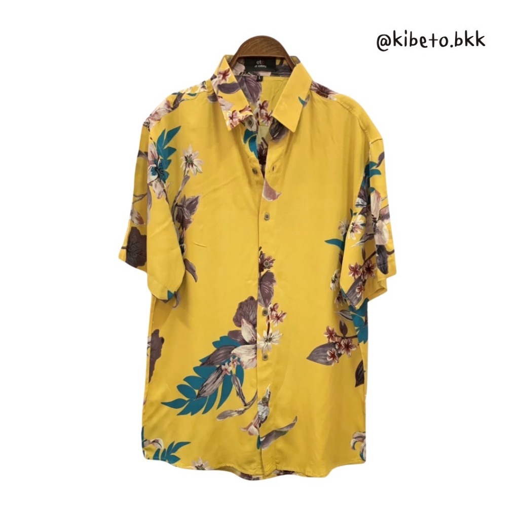 kibeto เสื้อฮาวาย ลายชบาพื้นเหลือง ผ้าสปันเรยอน เนื้อนิ่ม ใส่สบาย
