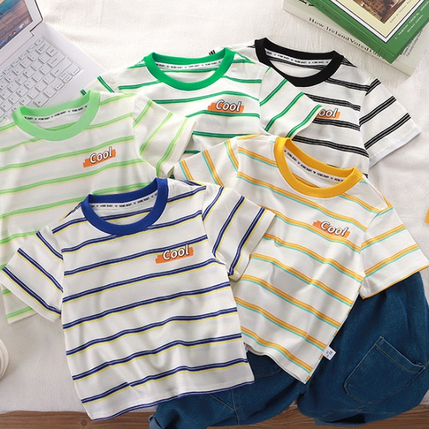 Babyonline(Y539)E2 เสื้อยืดแฟชั่นเด็กคอกลมแขนสั้นลายทางสุดเท่ ผ้าฝ้าย นิ่ม ระบายอากาศ
