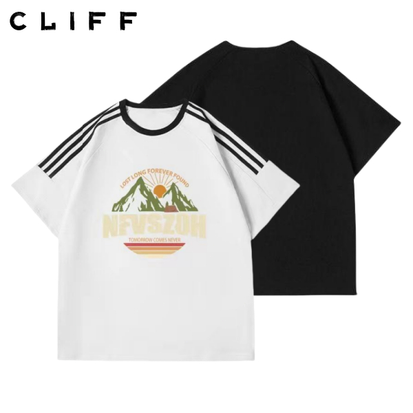 CLIFF เสื้อยืดผู้ชาย เสื้อคอกลม ชุดคู่รัก แขนเสื้อ ลำลอง สไตล์อเมริกัน แขนสั้นสำหรับผู้หญิง พิมพ์ลาย
