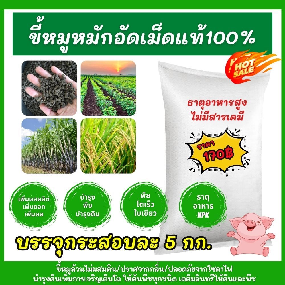 ขี้หมู อัดเม็ด อย่างดี กระสอบ 5 กิโลหมัก EM มูลหมูอัดเม็ดผสมยูเรีย 0-0-60 ขี้หมูอัดเม็ด ธาตุอาหารสูง