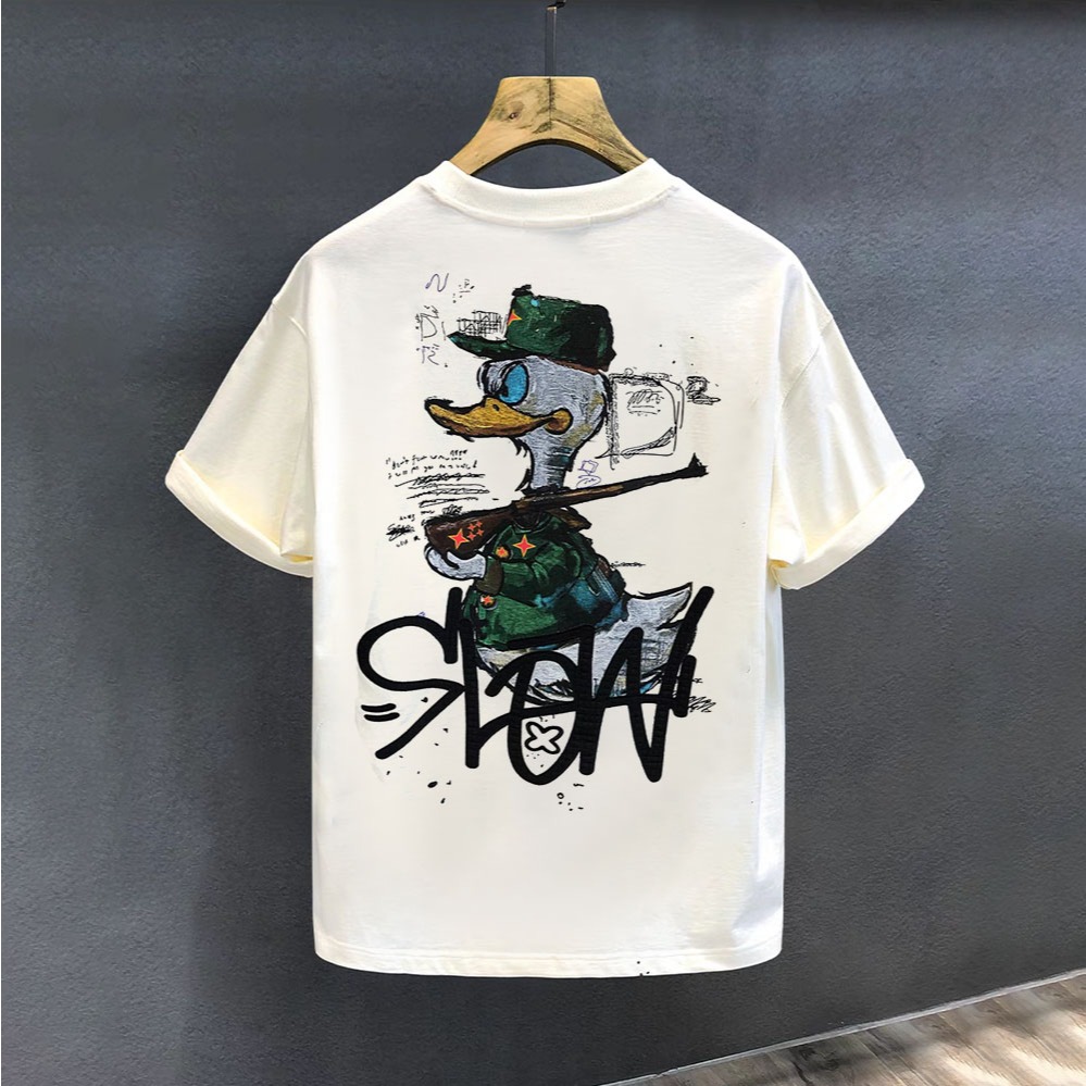 Basi เสื้อยืด oversize unisex สกรีนหน้าหลัง ลาย "SIOW Duck" ผ้าคอตตอน100% ใส่สบาย แนวสตรีท ฮิปฮอป