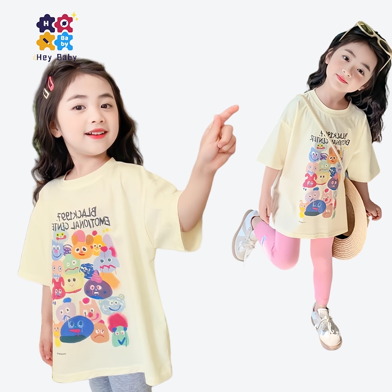 1-11ปี เสื้อยืดเด็กผู้หญิงโต เสื้อแขนสั้นเด็ก น่ารักๆ เสื้อยืดลำลอง พิมพ์ลายการ์ตูน สไตล์เกาหลี