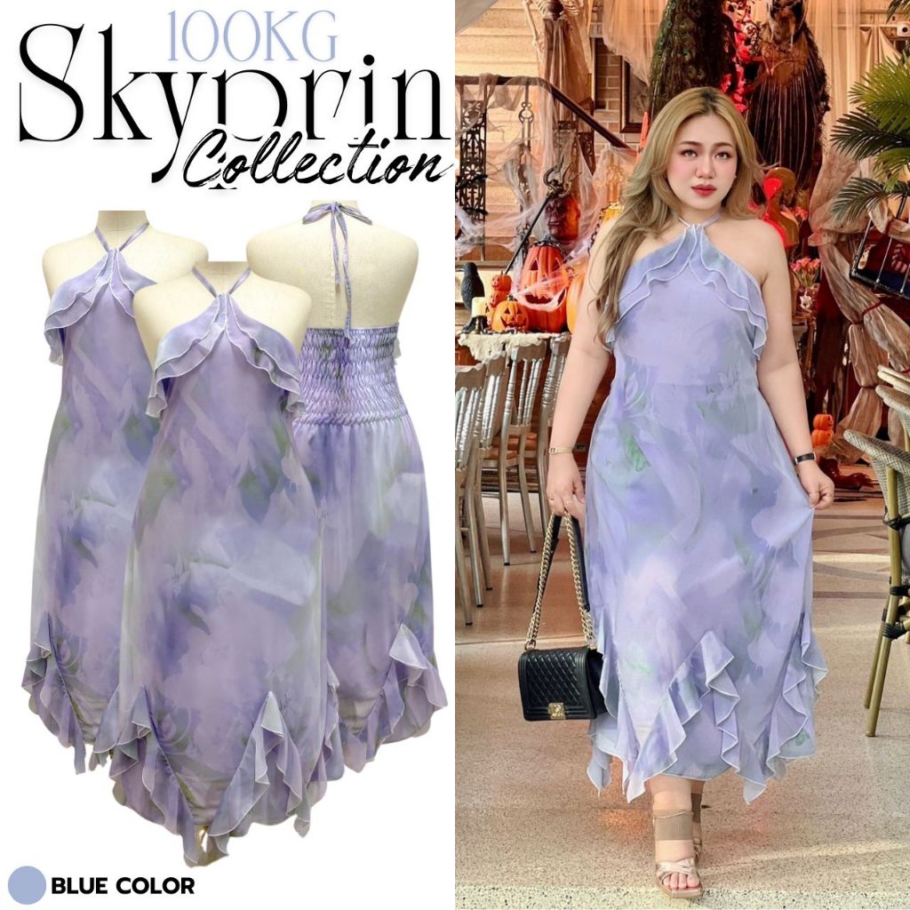 Plus size เดรสคล้องคอระบายชั้นคู่เปิดหลังผ้าชีฟองเกาหลีสีม่วงละมุนของสาวอวบ รุ่น สกายปริ้น(F16)