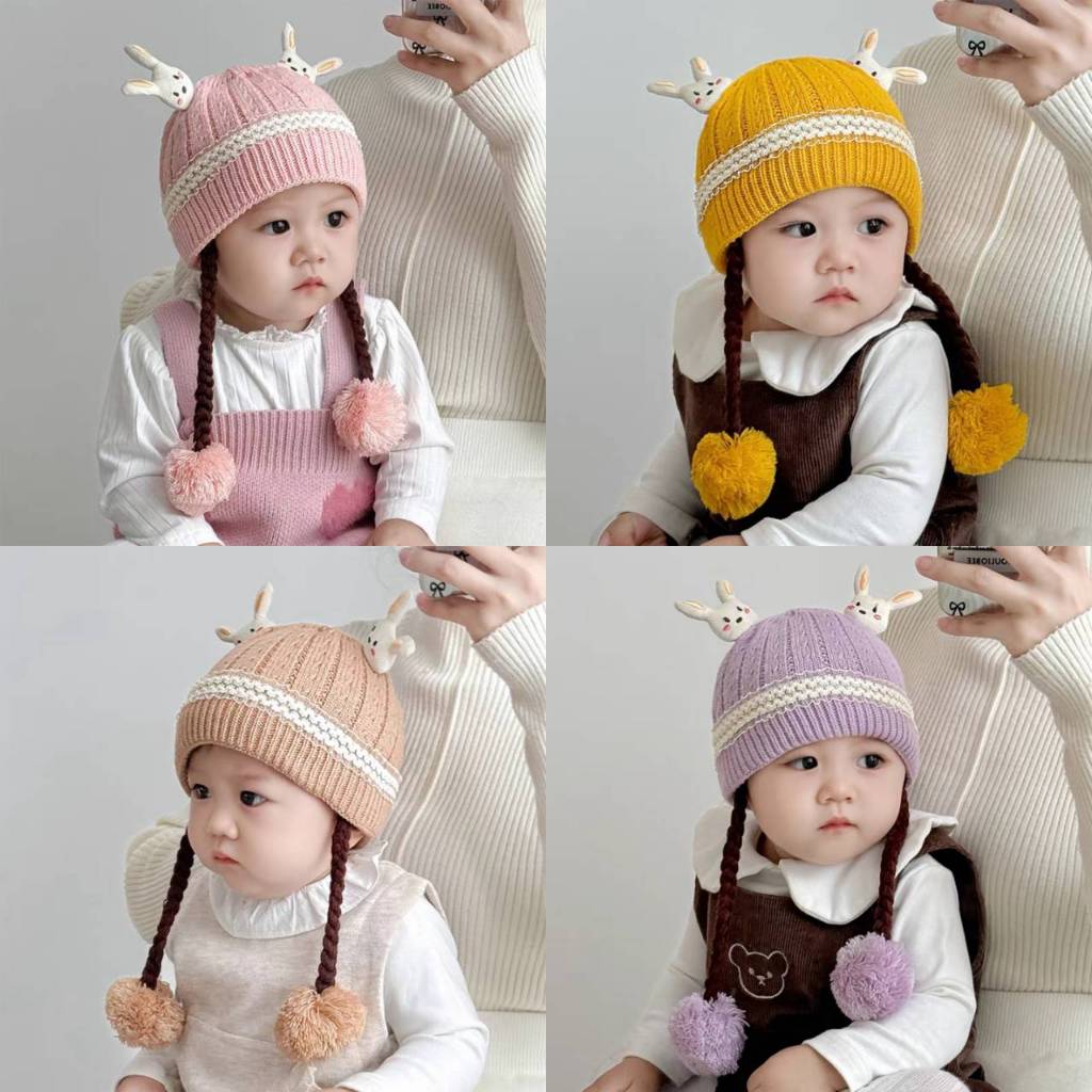 [พร้อมส่ง] หมวกไหมพรมกันหนาวสำหรับเด็ก 6เดือน-2ปี รอบหัว:42-50 cm. หมวกไหมพรมเปียถัก ติดตุ๊กตากระต่าย ปลายแต่งปอมปอมฟูๆ