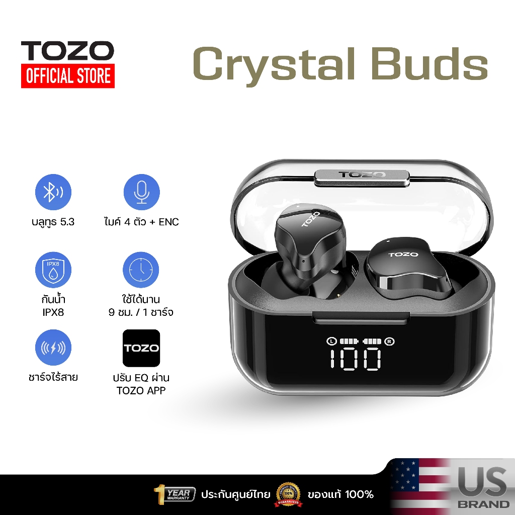 [ประกันศูนย์ไทย] TOZO Crystal Buds หูฟังบลูทูธ In-Ear IPX8 หูฟังไร้สาย truewireless Bluetooth 5.3