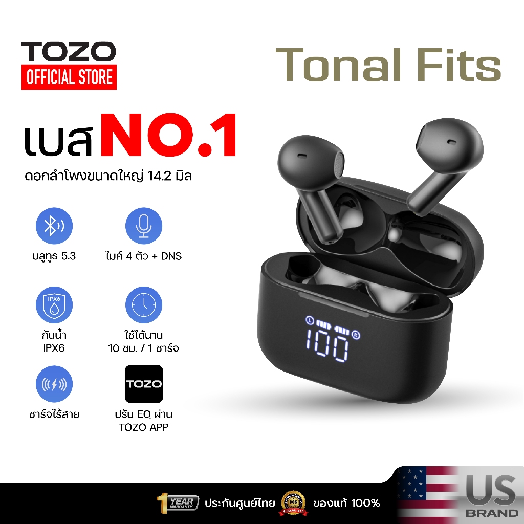 [ประกันศูนย์ไทย] TOZO Tonal Fits หูฟังบลูทูธ หูฟังเอียบัด หูฟังไร้สาย max 10 hr/charge, IPX6, Bluetooth 5.3