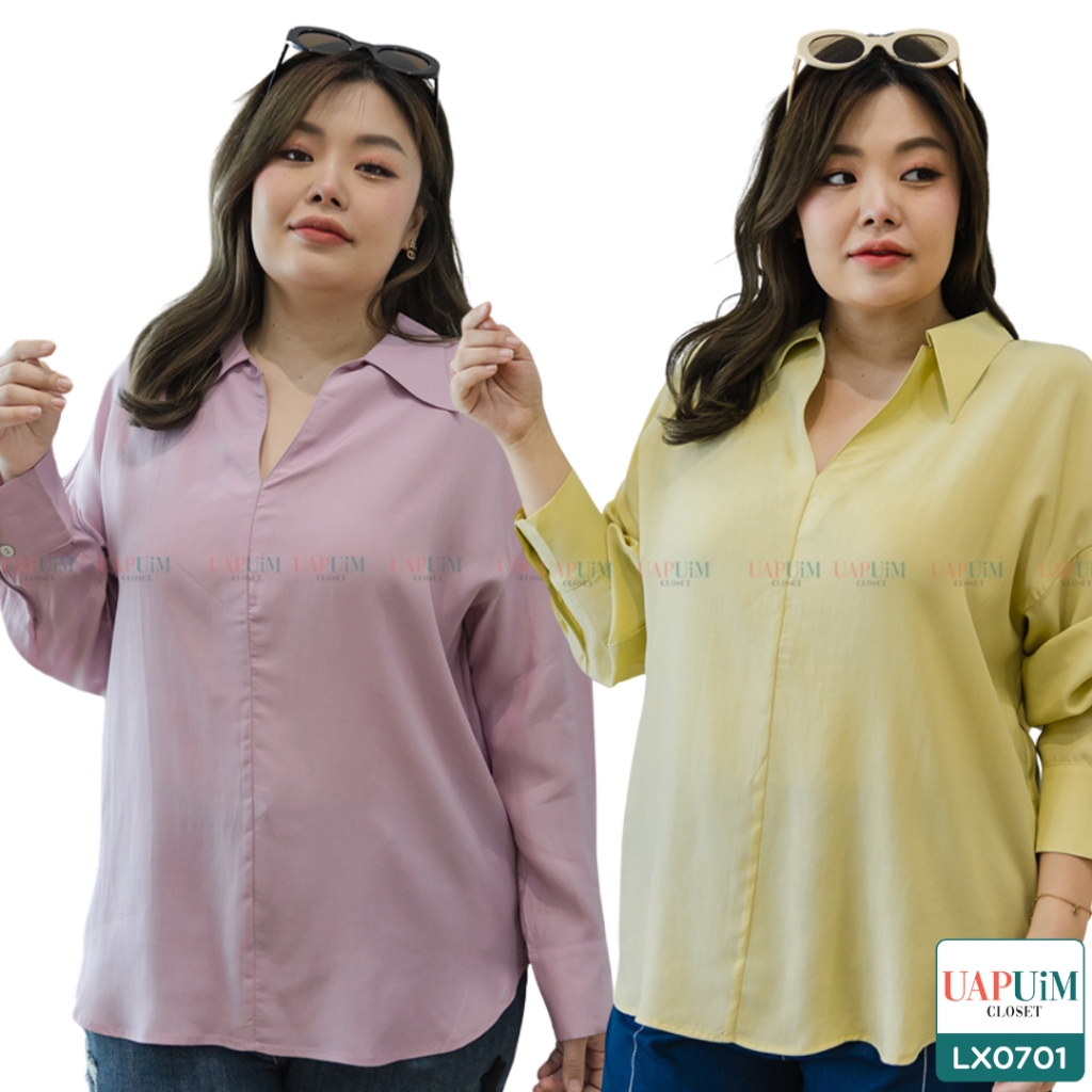 (LX0701)เสื้อแขนยาวสาวอวบเสื้อเชิ้ตแขนยาว ดีไซน์เรียบหรู คลาสสิก ติดกระดุมช่วงปลายแขน 2 เม็ด
