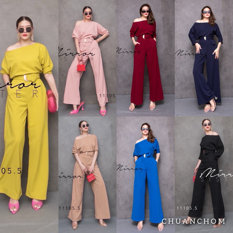 🔖Mirrorsister 11105.5 จัมพ์สูทขายาว ช่วงบนเป็นเสื้อไหล่ตกหรือปาดไหล่ ช่วงกางเกงทรงกระบอกใหญ่ มาพร้อมเข็มขัด