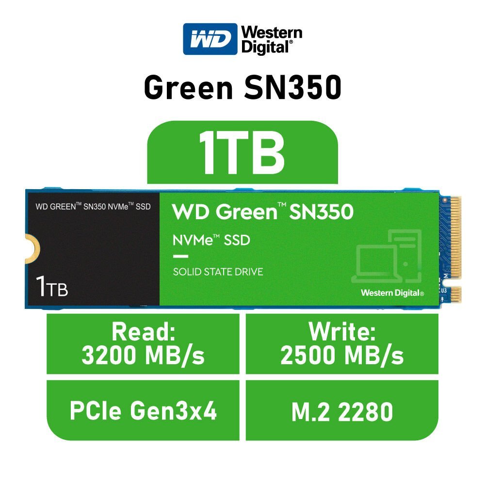 SSD WD GREEN SN350 3D 250GB 500GB 1TB M.2 NVMe PCIe 2280 (เอสเอสดี)