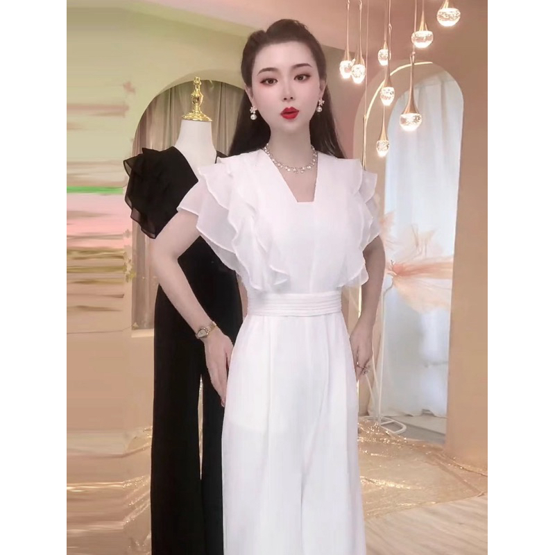 JZ17-18-19 ชุดเดรสกางเกงขายาว ไหล่แต่งชีฟอง