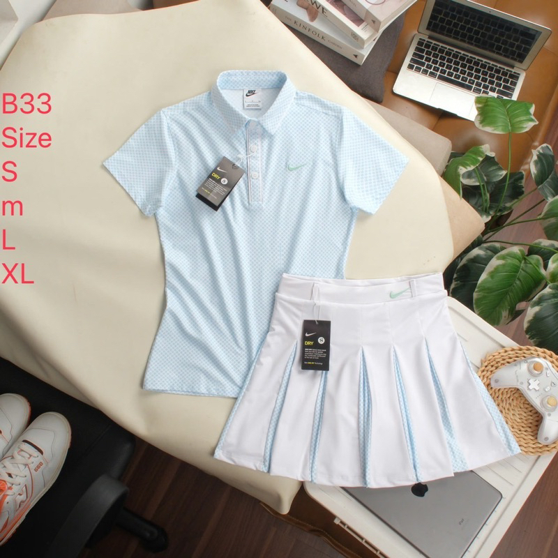 พร้อมส่ง! ชุดตีกอล์ฟผู้หญิง เสือแขนสั้น กระโปรงมีซับในขาสั้น ซื้อครั้งเดียวได้ทั้งชุด (เสื้อ+กระโปรง)