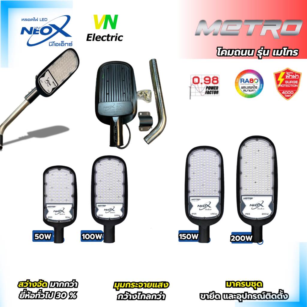 Neox โคมไฟถนนนีโอเอ็กซ์ LED มี 4 ขนาด  50W/100W /150W/ 200W รุ่น METRO NEOX มาพร้อมขาและอุปกรณ์ยึด (