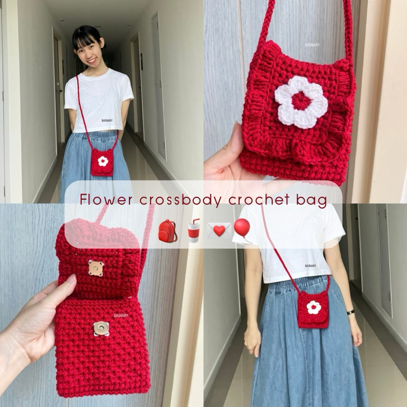 BAINARY | กระเป๋าสะพาย crossbody ไหมพรม ถักโครเชต์ ลายดอกไม้