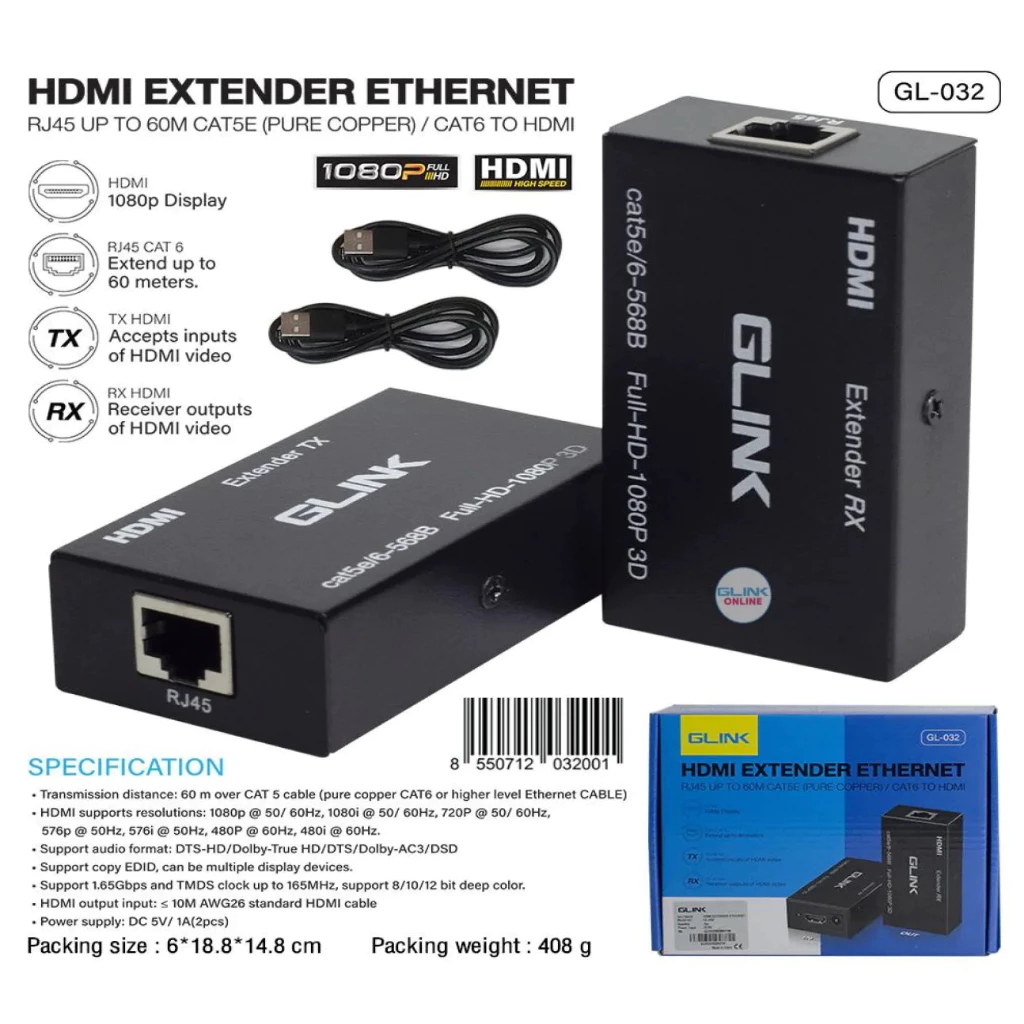 🛵🛵มีส่งด่วน🛵🛵GLINK GL-032 HDMI EXTENDER EXTHERNET RJ45 60M Cat5e/Cat6e อุปกรณ์เพิ่มความยาวสาย HDMI