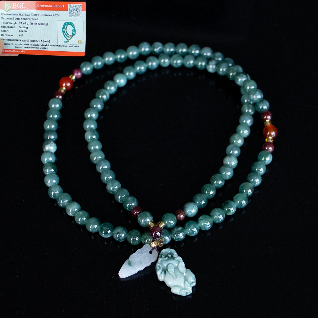 สร้อยหยกพม่า พร้อมจี้หยกปีเซียะ (Green Jadeite) Type A มีใบเซอร์ ขนาด 6 มิล ยาว60ซมหยกแท้จากประเทศพม่าพร้อมใบเซอร์