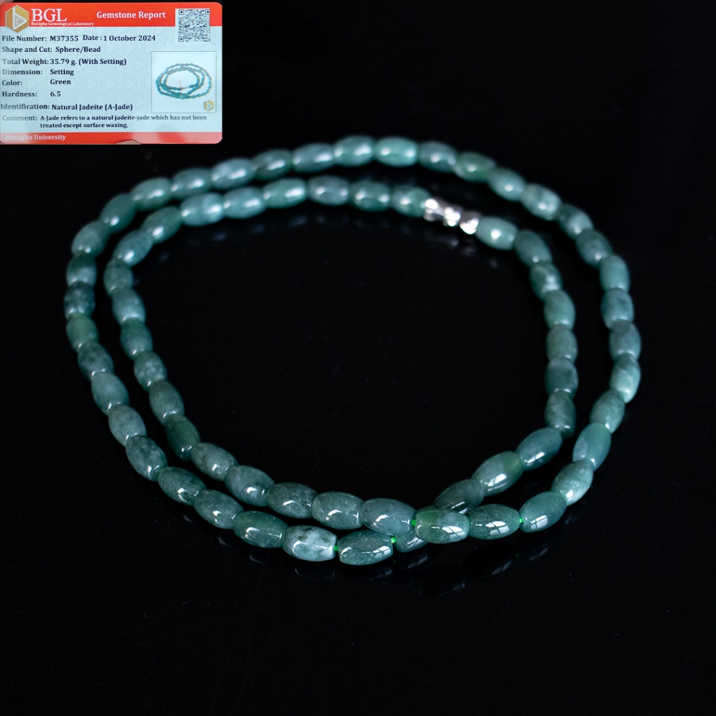 สร้อยคอหยก พลอยพม่าแท้ สีเขียวเข้มสวย (Green Jadeite) เกรดA ขนาด 6 มิล หยกแท้ จากประเทศพม่า พร้อมใบเ