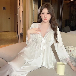 Sexy Charm💐💐เสื้อผ้าที่บ้าน ชุดนอนผ้าซาตินสีพื้น กางเกงยาว ชุดสองชิ้น คอวีลึก ลูกไม้เซ็กซี่