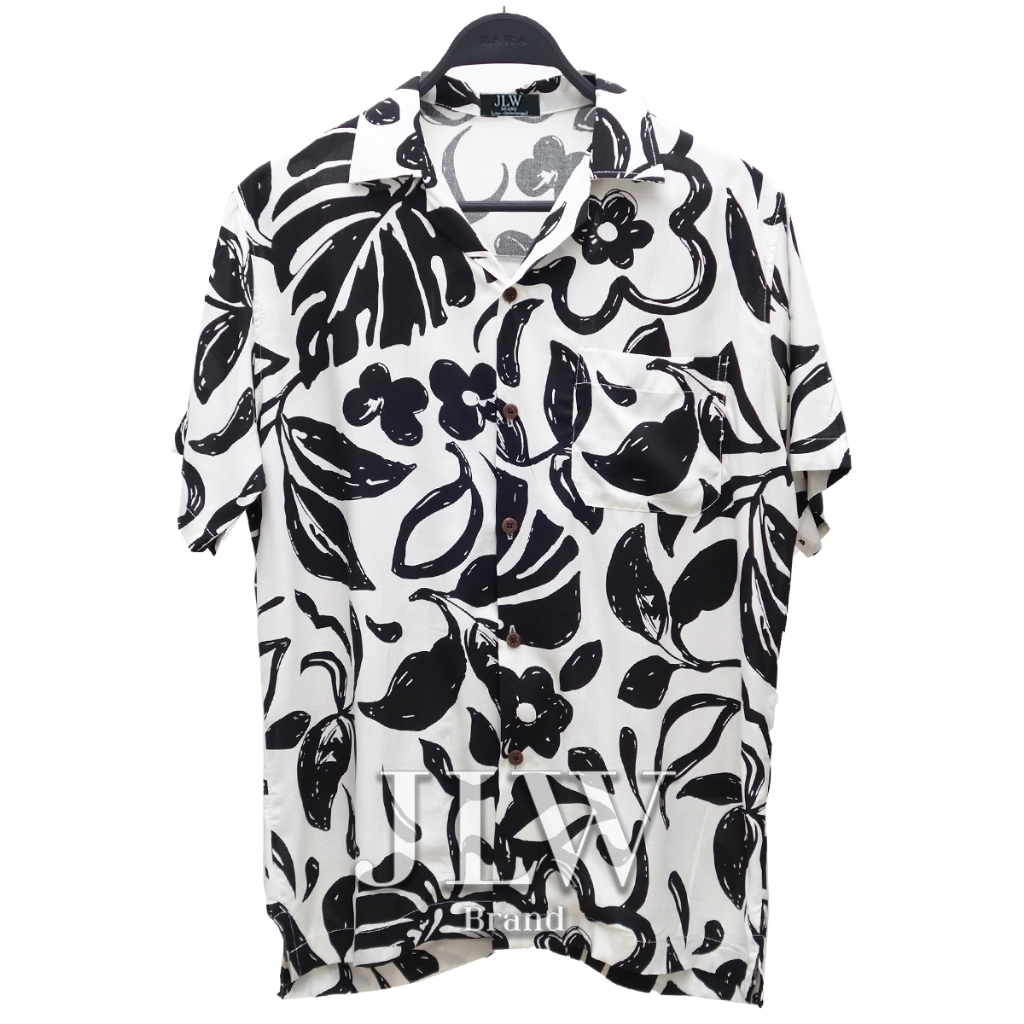 เสื้อฮาวาย ลายใบเพ้นท์ ดำ ผ้านิ่ม M L XL Oversize คอฮาวาย JLW BRAND