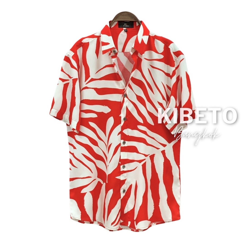 kibeto เสื้อฮาวาย ลายใบจากใหญ่สีแดง ผ้าสปันเรยอน เนื้อนิ่ม ใส่สบาย