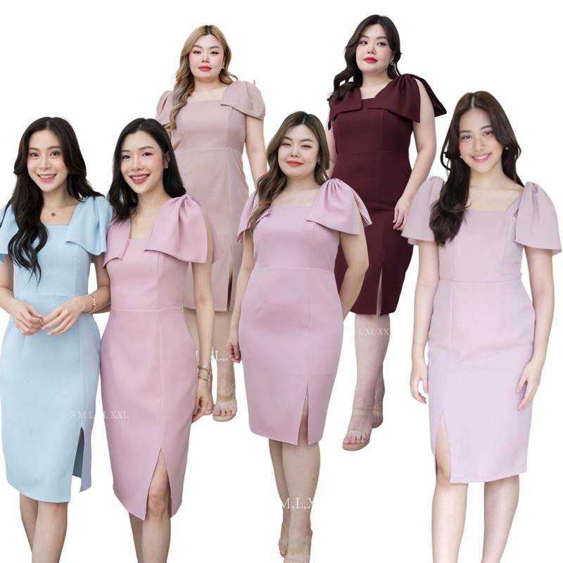เดรสสั้นแต่งโบว์ตรงไหล่รหัส292