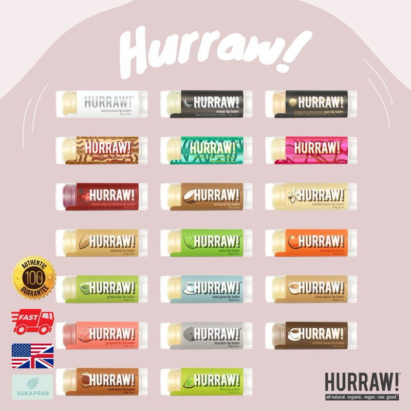 พร้อมส่ง Hurraw! Lip Balm 4.8g  มีมากกว่า 20 กลิ่น  ลิปบาล์ม ลิปออร์แกนิค ลิปทิ้นท์ hurraw carmex