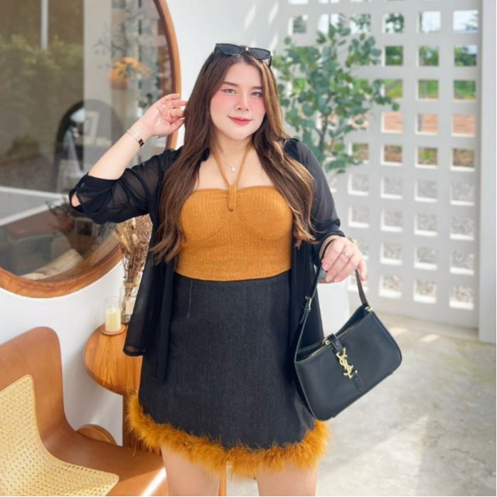 เซทสาวอวบ เซทเกาะอกกระโปรงขนนก+เสื้อคลุมซีฟอง3ชิ้น ป้ายorarose (5796)