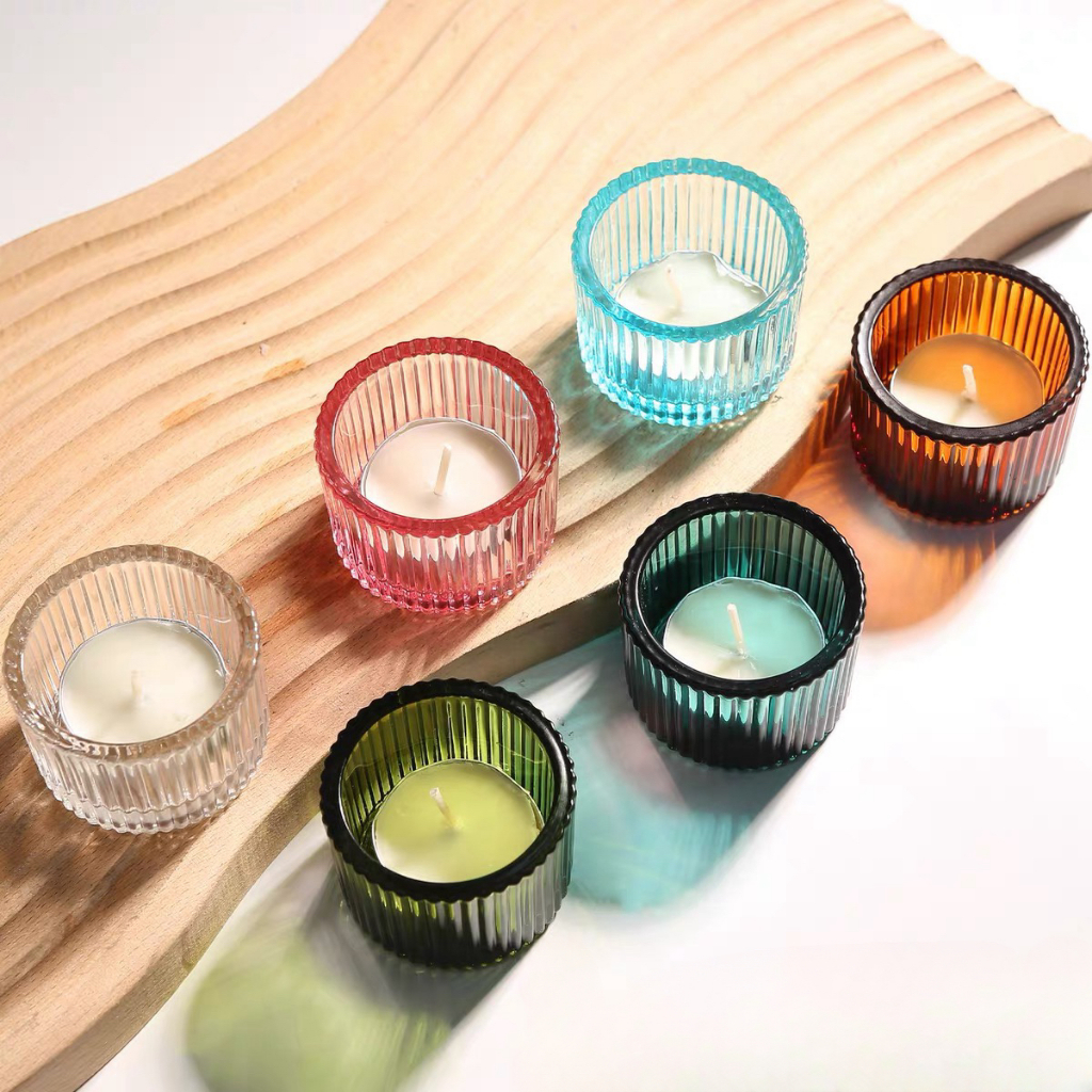 OurHome [พร้อมส่ง] เชิงเทียนแก้วลายแนวตั้ง Vertical pattern glass candlestick holder เชิงเทียนอาหารค