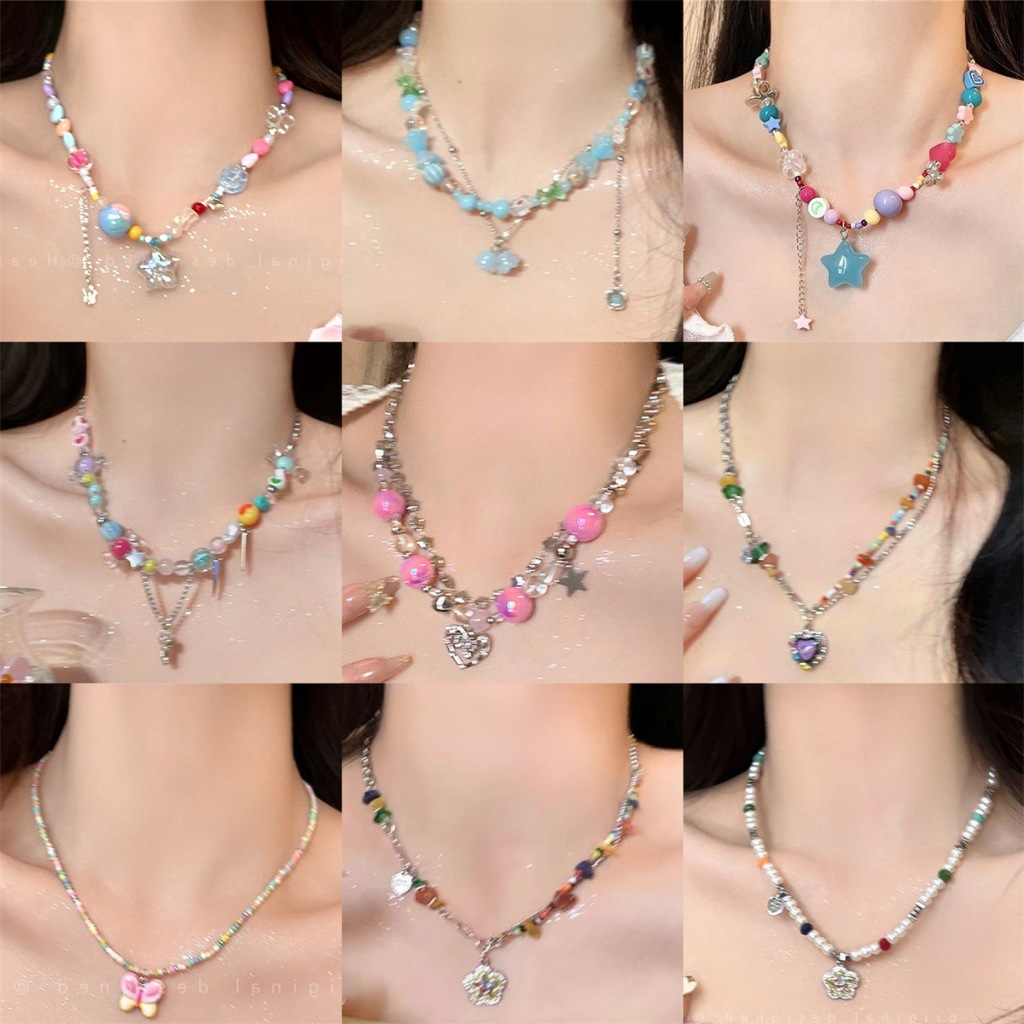 Hot.bikini สร้อยคอ ประดับลูกปัด เครื่องประดับ สร้อยคอ สีน้ำเงิน โซ่ไหปลาร้า Dopamine Y2Kสไตล์เกาหลี