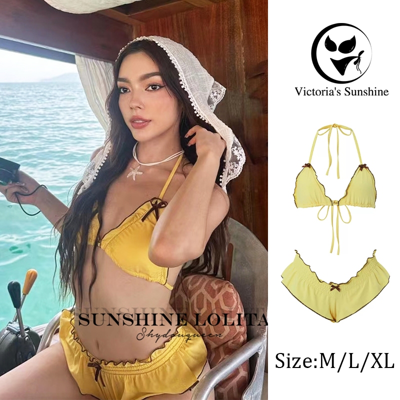 ส่งไวจากไทย🥰ชุดบิกินี่ เซต2ชิ้น yellow bikini set ผูกคอ โชว์หลัง#0486
