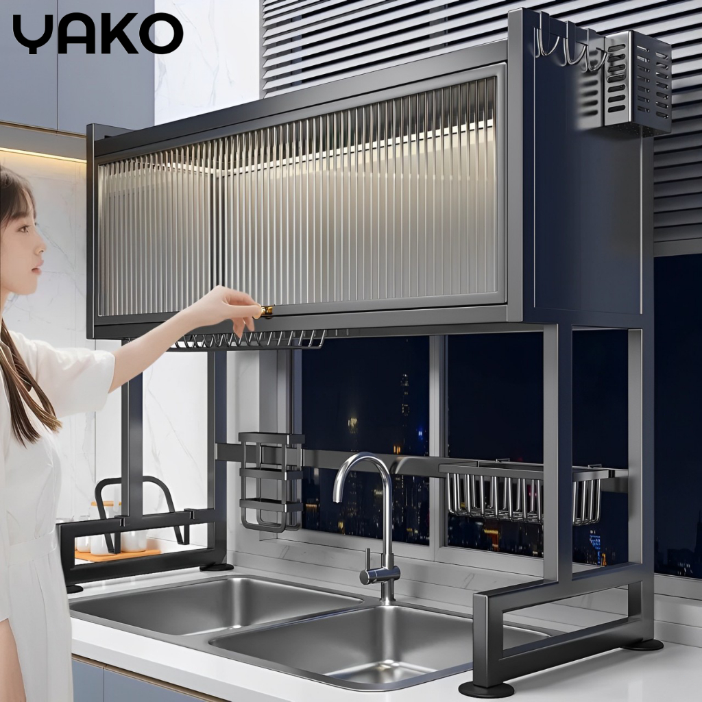 YAKO ชั้นวางจานสแตนเลส 2 ชั้น รุ่นอัพเกรด ขนาด 65 ซม-105 ซม คร่อมอ่างล้างจาน พร้อมประตูกันฝุ่นในครัว