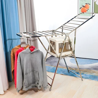 HOMEC ราวตากผ้าสแตนเลส ราวตากผ้าพับได้ แขวนผ้าแบบกางปีก Folding clothes rack พับเก็บได้ ประหยัดพื้นที่ 2ขนาด ฟรีไม้แขวน