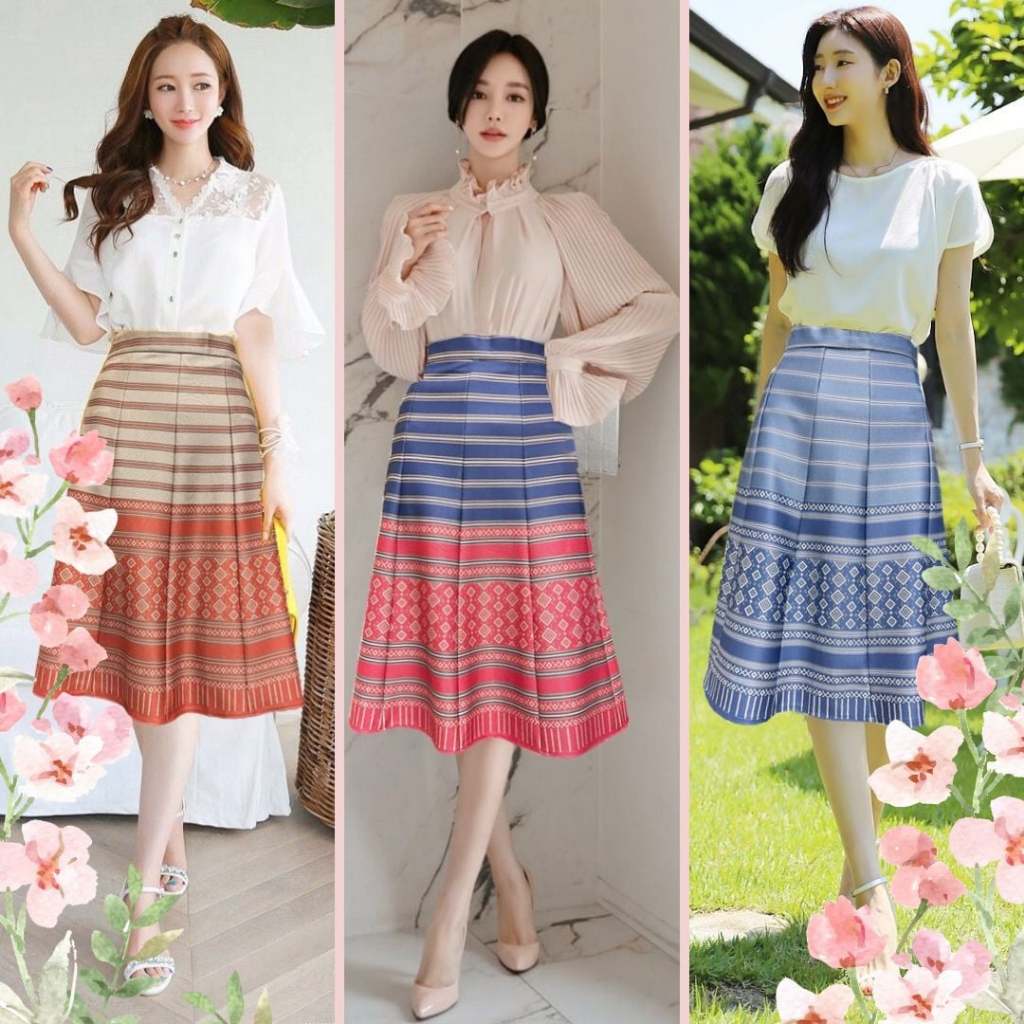 Moochompoo *พร้อมส่ง* i131 กระโปรงลายไทย ผ้าญี่ปุ่น ลายไทยสี่เหลี่ยม ทรงพลิ้ว 10 ชิ้น ยาว 24.5 นิ้ว ไซส์ S-5XL ผ้าไม่ต