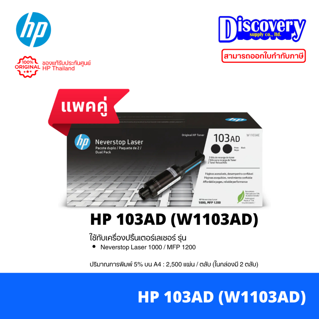 HP 103AD 2-Pack แพคคู่ Black Original Neverstop Laser Toner Reload Kit (W1103AD) ตลับหมึก ของแท้