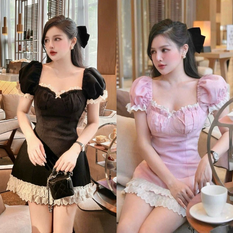 Teera❤️พร้อมส่ง✨มินิเดรสแต่งลูกไม้ แขนตุ๊กตา🎀ด้านหลังสม็อคเพิ่มความเข้าทรงให้ช่วงอกกระชับ ซิปข้าง ซับในทั้งตัว goodluck