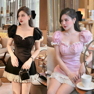 Teera❤️พร้อมส่ง✨มินิเดรสแต่งลูกไม้ แขนตุ๊กตา🎀ด้านหลังสม็อคเพ…