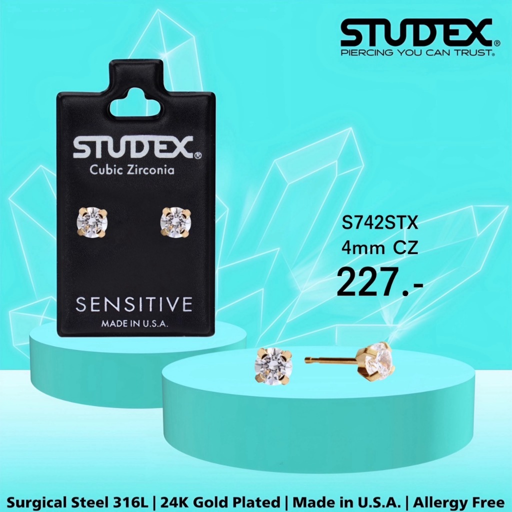 STUDEX S742STX ต่างหูแฟชั่นสำหรับหูแพ้ง่าย เคลือบทอง 24K 4MM CZ