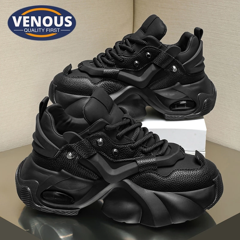 【Venous】2025 รองเท้าผู้ชายสีดำแบบหนาปี รองเท้าผ้าใบแบบเป็นกันเอง รองเท้ากีฬาผู้ชายพื้นยาง Size 37-46