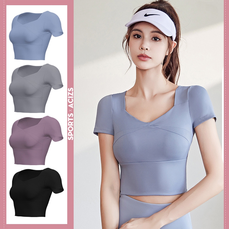 mvp sport เสื้อโยคะ เสื้อแขนสั้น แผ่นรองหน้าอกแบบติดแน่นในตัว [กทม. พร้อมส่ง]
