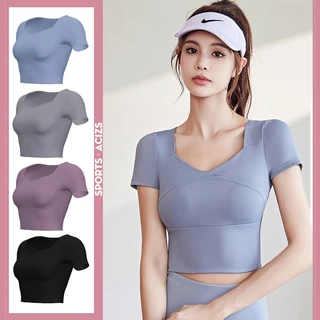 mvp sport เสื้อโยคะ เสื้อแขนสั้น แผ่นรองหน้าอกแบบติดแน่นในตัว [กทม. พร้อมส่ง]